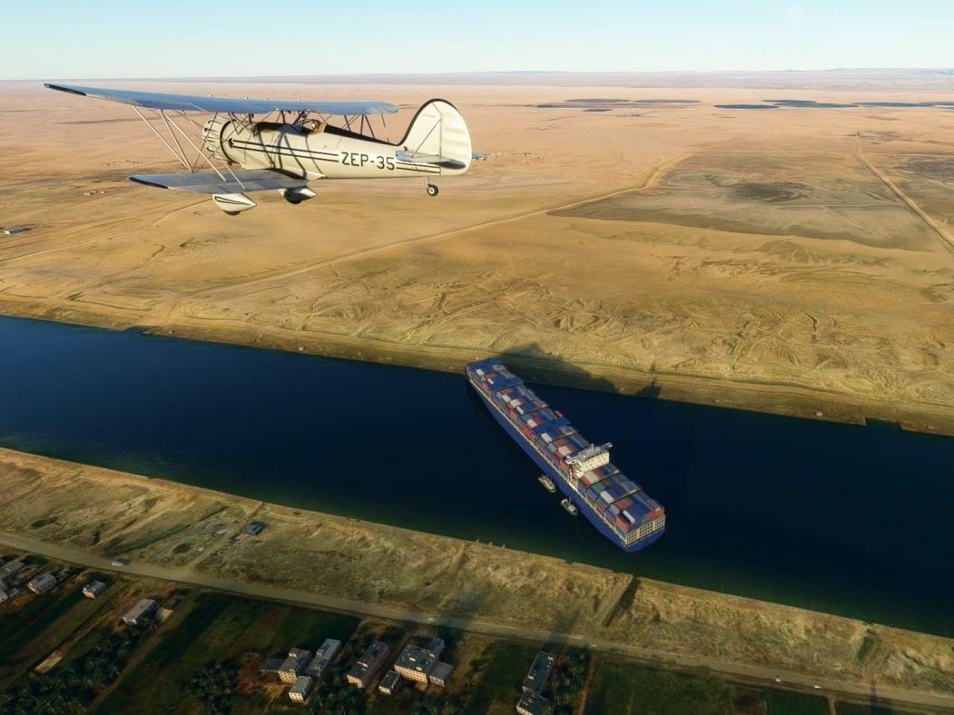 Microsoft 微軟《模擬飛行》神還原「大排長榮」真實場景，超逼真畫面彷彿就在蘇伊士運河上方！