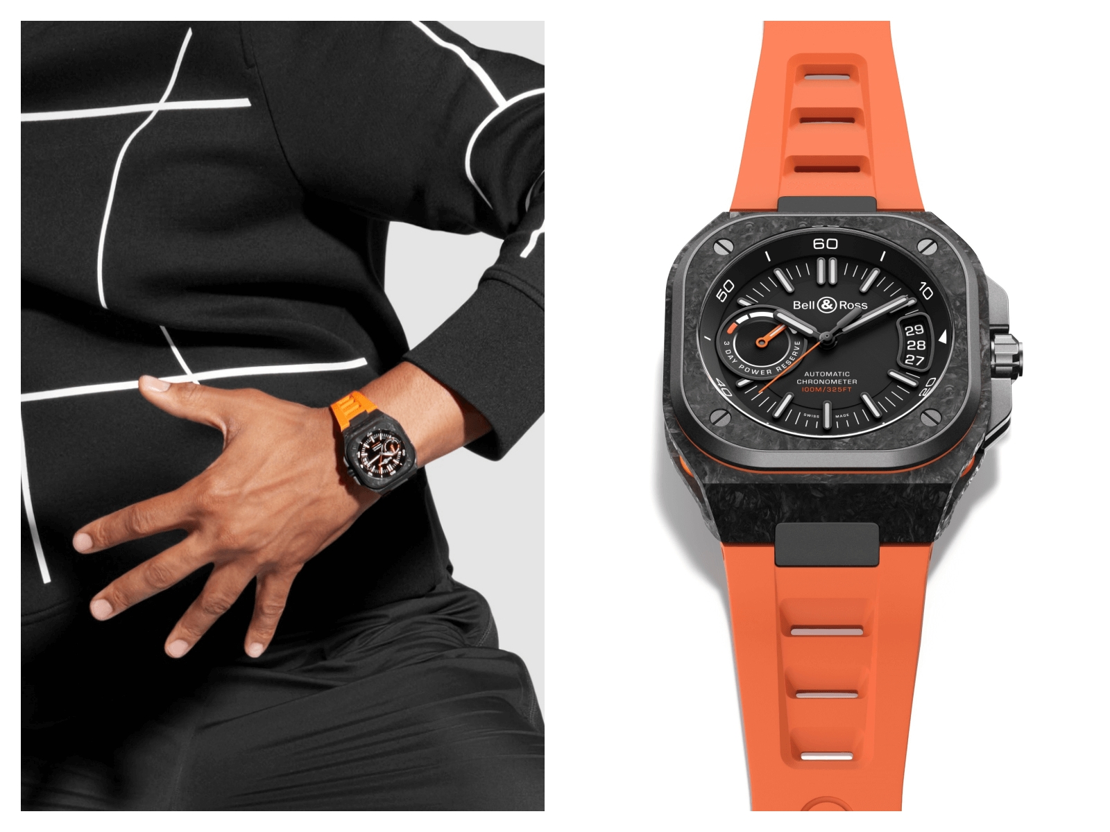 前衛又帶有運動錶風格，Bell & Ross BR‑X5 Carbon Orange，一絲不苟設計匠心，是為時計藝術佳品