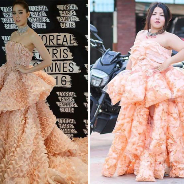 太有才！泰國女版「低成本 Cosplay」網路爆紅　整袋蝦餅穿上身模仿女星紅毯照！