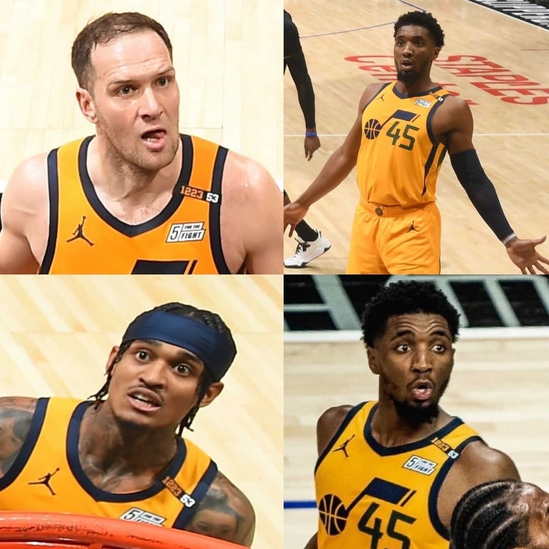 爵士一哥 Donovan Mitchell、前鋒 Bojan Bogdanovic、後衛 Jordan Clarkson 三人露出的驚恐表情