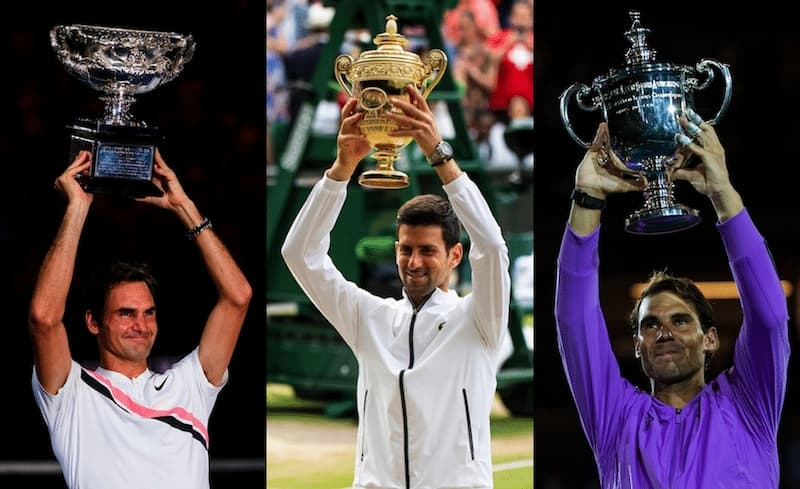 由左至右，費天王 Roger Federer、球王 Novak Djokovic、西班牙蠻牛 Rafael Nadal