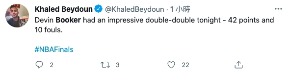 著名批判種族理論的作家 Khaled Beydoun 也說：「Booker 今晚有一個令人印象深刻的雙十，42 分 10 犯規」。