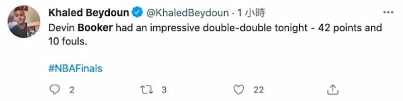 著名批判種族理論的作家 Khaled Beydoun 也說：「Booker 今晚有一個令人印象深刻的雙十，42 分 10 犯規」。