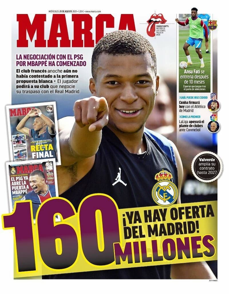 西班牙國家級體育日報《Marca》報導皇家馬德里提出 1.6 億歐元的消息，隨後被巴黎聖日爾曼拒絕