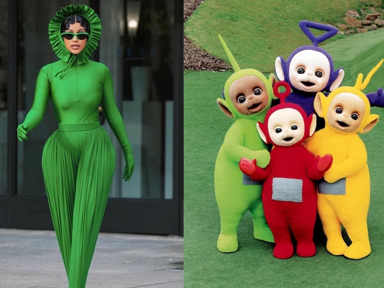 Cardi B 巴黎時裝周被指神似「天線寶寶」，一身綠緊身衣秒殺底片！網友：「我們不懂時尚？」