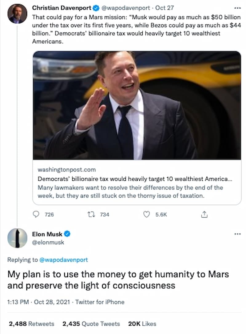 馬斯克在推特上開砲：「我的計劃是用這筆錢讓人類登上火星」