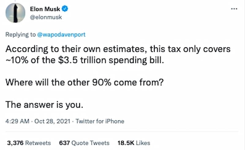 馬斯克持續發推特：「億萬富翁稅僅佔 3.5 兆美元支出的 10% 左右，剩下的 90% 來自哪裡？答案是你！」。