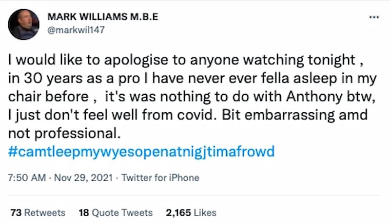 世界冠軍 Mark Williams 在賽後發文向觀眾道歉，並表示：「順便一提，我只是因為新冠肺炎感覺不舒服」形容染疫後造成身體容易疲累