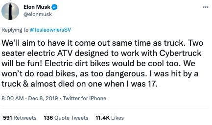 馬斯克表示電動摩托車非常酷，還表示自己不弄自行車是因為小時候差點車禍有關
