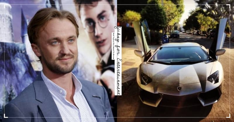 飾演「跩哥馬份」的英國男星 Tom Felton 與銀灰色藍寶堅尼 Aventador，一台要價 2700 萬，讓粉絲超興奮