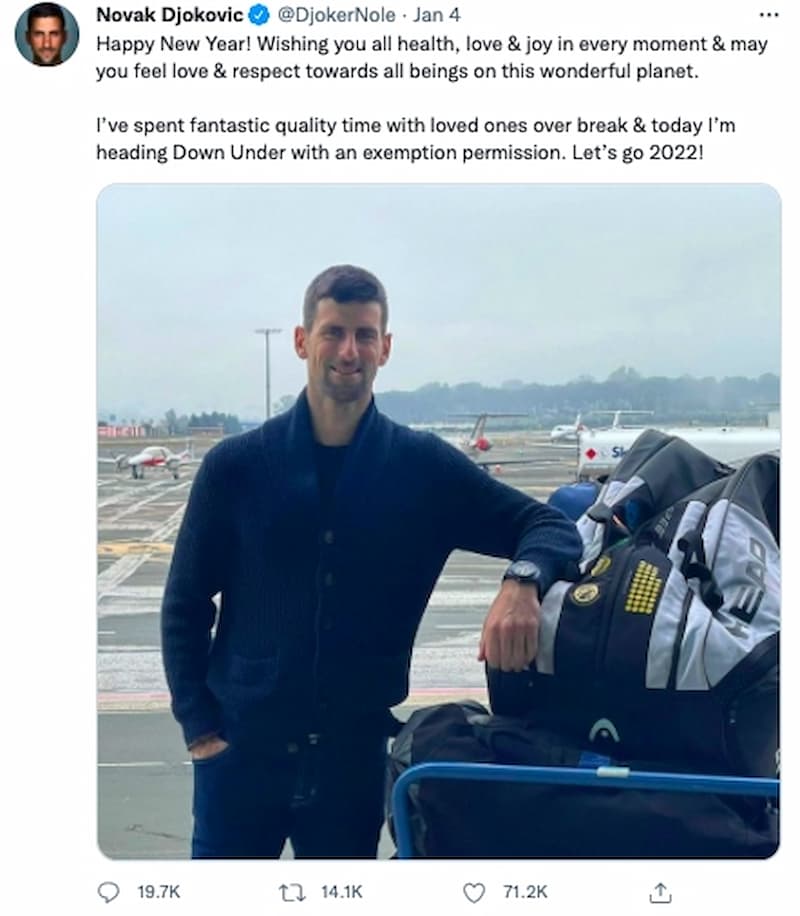 Novak Djokovic 公告自己取得「醫療豁免」後要前往澳洲