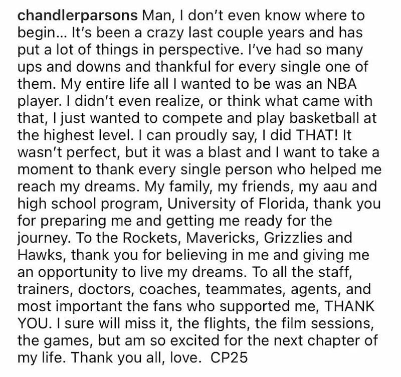 Parsons 稍早發文正式退役：「我一生只想成為一位 NBA 球員...我可以自豪地說，我做到了！」。