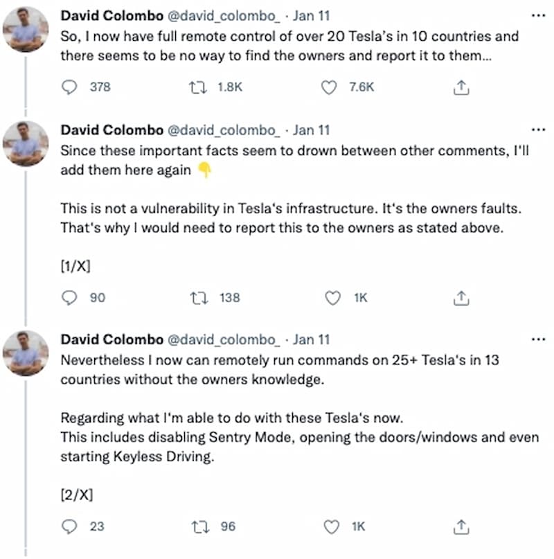 柯倫波發了 10 幾則推文，詳細稱自己可以控制全球 13 個國家中的 25 輛車，引起網友、特斯拉注意