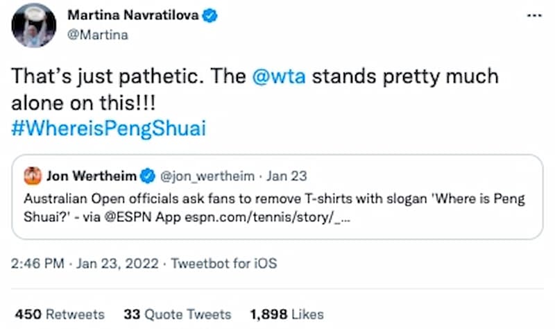 網球傳奇女將 Martina Navratilova 砲轟澳網可悲
