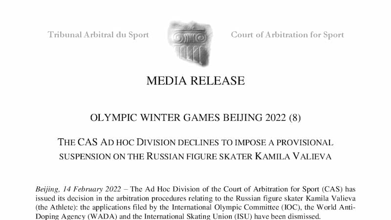 國際體育仲裁法庭（CAS）最新裁定 Kamila Valieva 仍可出賽