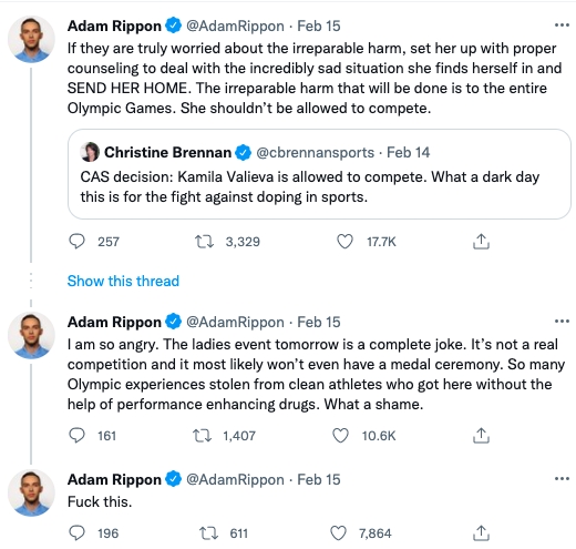 Adam Rippon 一連發數則貼文反對俄羅斯花滑少女 Kamila Valieva 出賽，同時表達不滿
