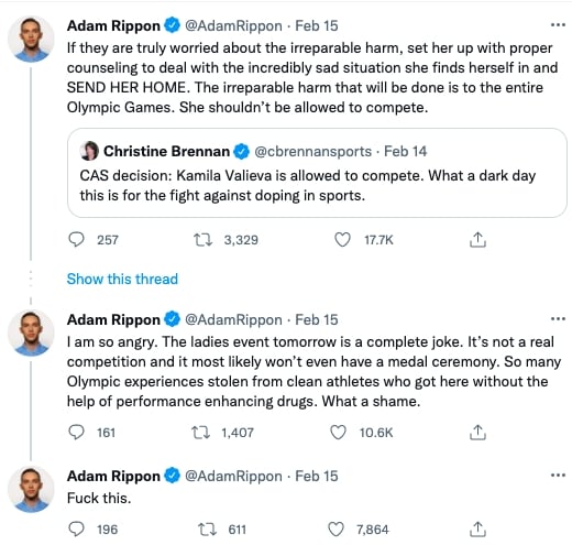 Adam Rippon 一連發數則貼文反對俄羅斯花滑少女 Kamila Valieva 出賽，同時表達不滿