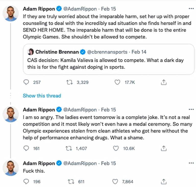 Adam Rippon 一連發數則貼文反對俄羅斯花滑少女 Kamila Valieva 出賽，同時表達不滿