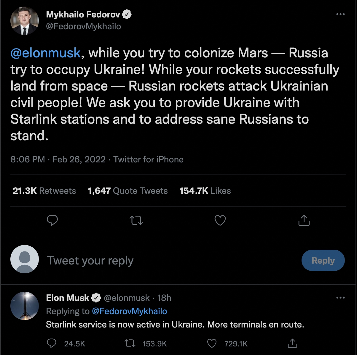 烏克蘭副總理兼數位化轉型部部長 Mykhailo Fedorov 也向全球首富馬斯克提出救援請求