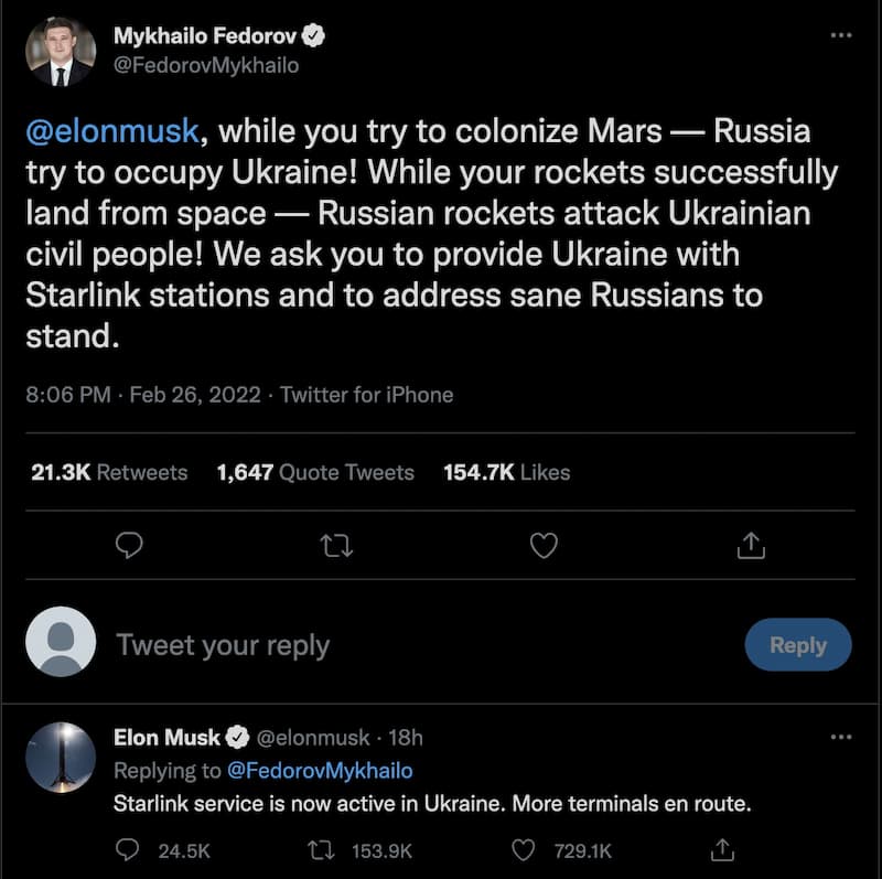 烏克蘭副總理兼數位化轉型部部長 Mykhailo Fedorov 也向全球首富馬斯克提出救援請求