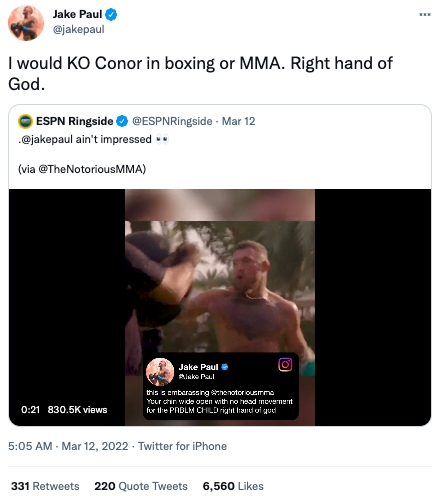 Jake Paul 說出：「我會在拳擊或綜合格鬥（MMA）中 KO Conor」想一拳灌倒 UFC 格鬥天王！