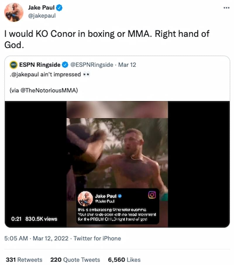 Jake Paul 說出：「我會在拳擊或綜合格鬥（MMA）中 KO Conor」想一拳灌倒 UFC 格鬥天王！