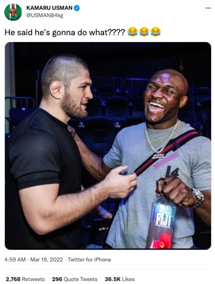 Kamaru Usman 與曾暴打 Conor 的「小鷹」Khabib Nurmagomedov 合照