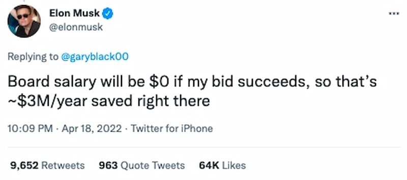 Twitter 每年支付給董事會成員 25 萬美元（730 萬）至 30 萬美元（876 萬台幣）的薪水，馬斯克宣布自己若買下 Twitter，董事會「薪水將是 0」！