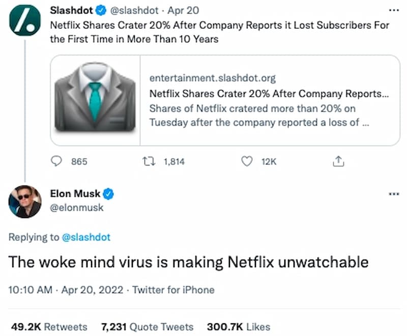 馬斯克認為 Netflix 有 The woke mind virus（覺醒思想病毒），不值得看