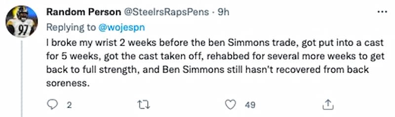 网友在Simmons 交易前两周摔断手腕，历经石膏、复健、休养等日子才完全好，对Simmons 至今背部酸痛还没好感到疑惑！