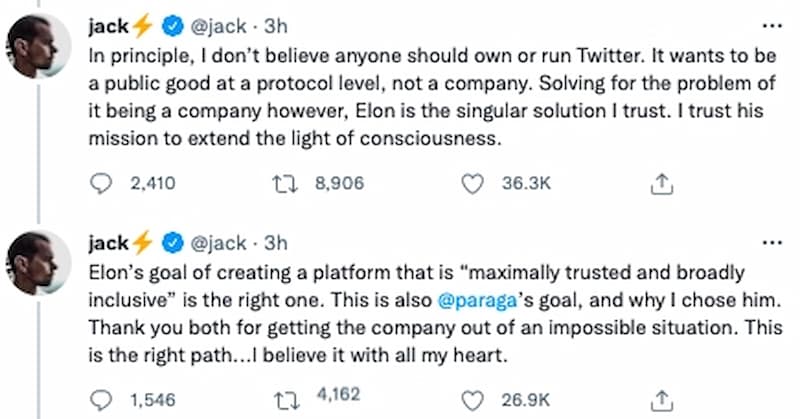 Twitter 創辦人 Jack Dorsey 相信馬斯克是唯一能解決目前 Twitter 的人，也期望帶領這個平台到達另一個高度！
