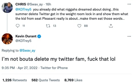 KD 本人親自回覆：「我不會刪掉我的 Twitter 帳號，去他的哈哈」。