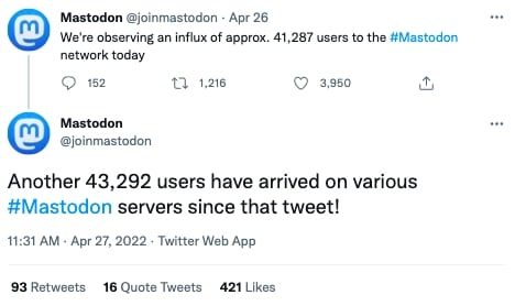 Mastodon 公布有：「41287 位用戶加入」其中包括舊用戶、新用戶！