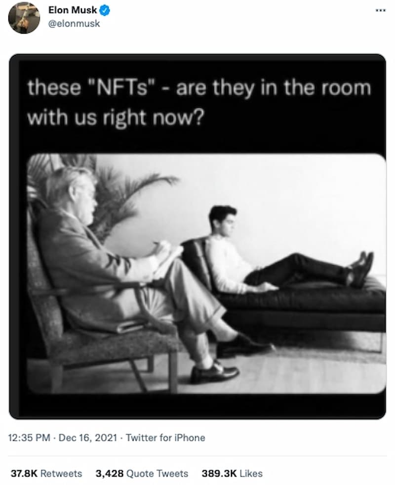 心理醫生喊話：「這些『NFT』他們現在和我們在一起嗎？」暗諷是幻想及人們對 NFT 的瘋潮