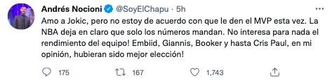 Andres Nocioni 則喊話：「我不同意給他 MVP，NBA 明確表示，只有數字才是王道，球隊的表現根本不重要！」認為 Embiid、字母哥、Booker、Chris Paul 都是好選擇！