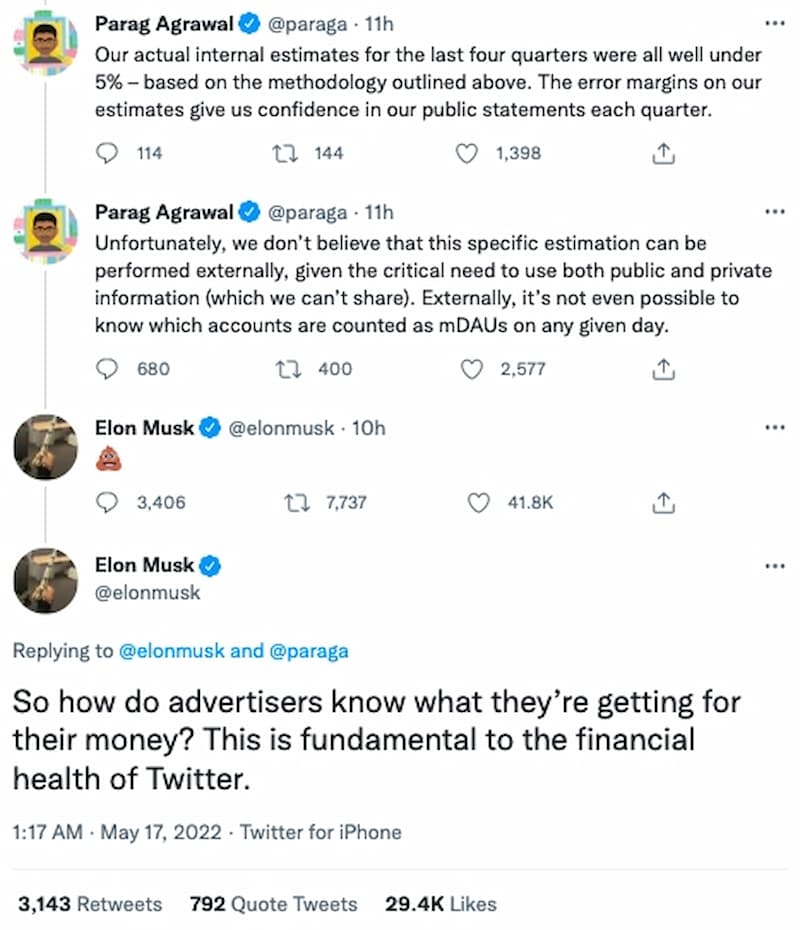 馬斯克認為 Twitter 執行長的言論是「大便」，以此否定對方說法