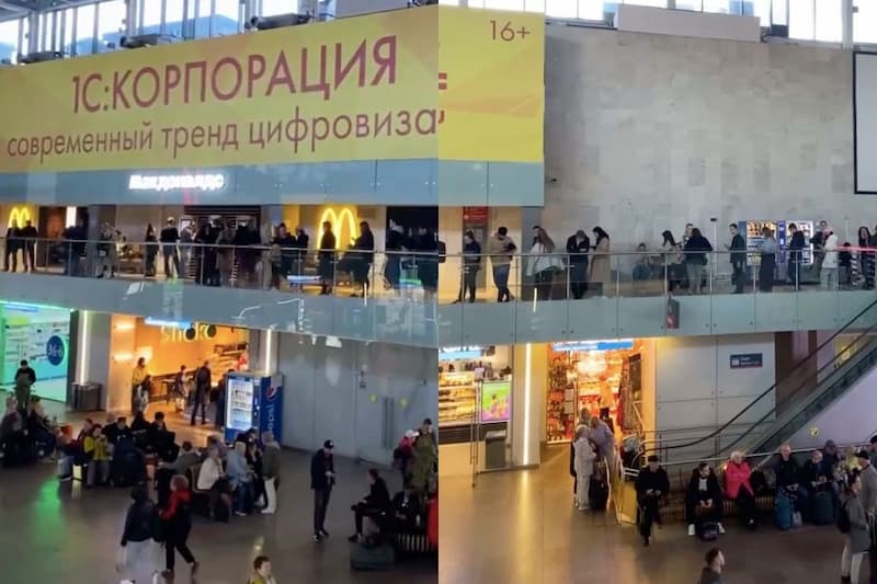 莫斯科列寧格勒火車站的麥當勞出現排隊人潮，從二樓排到一樓。
