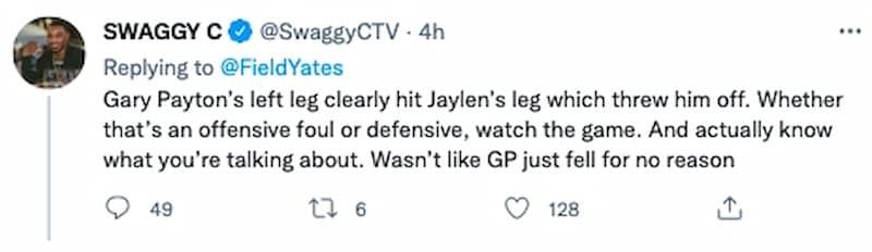 有人認為 GP 的左腿明顯撞到了 Jaylen 的腿，這讓他摔倒了