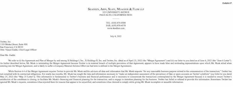 馬斯克提交給主管機關 SEC 的文件，內容表達Twitter「嚴重違反多項條款」，所以確定終止收購，並退出這項 440 億美元的合併交易案！