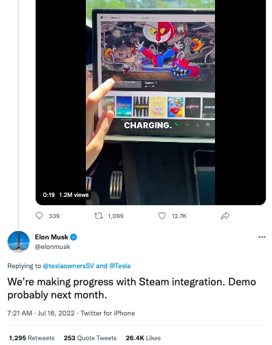特斯拉整合 Steam 平台，馬斯克預告下個月將展示 Demo 給大家了解