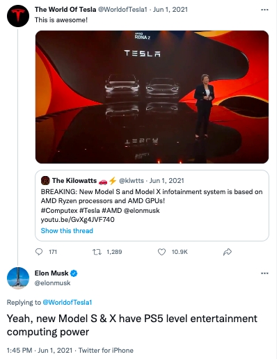 馬斯克曾表示新款 Model S 及 X 在搭載 AMD 的 RDNA 2 GPU 後，娛樂系統有媲美 PS5 的效能