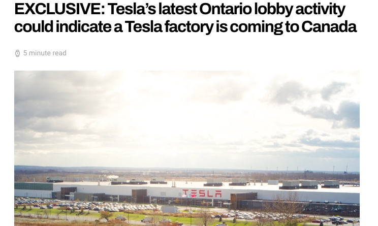 加拿大媒體《Electric Autonomy Canada》報導特斯拉披露遊說加拿大政府建廠