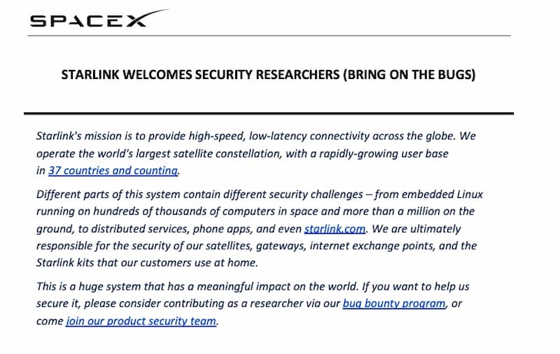 SpaceX 鼓勵研究人員入侵 Starlink 星鏈網路的官方文件