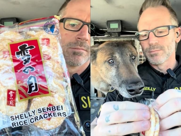 外國警察與狗狗爽嗑「旺旺雪餅」大喊酥脆，爭食畫面萌翻網友！