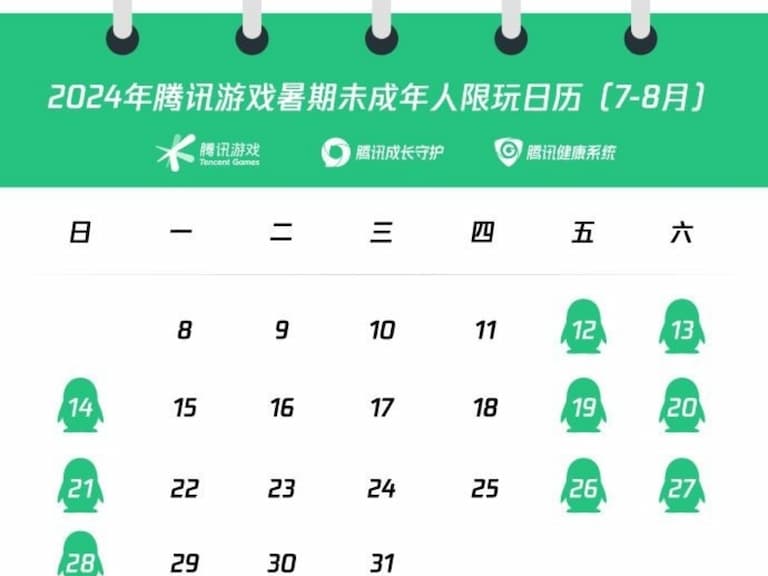 中國騰訊遊戲公布「暑期未成年人限玩日曆」，只能在每週五六日玩一小時！