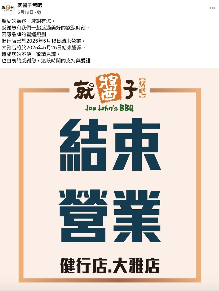 台中燒烤名店「就醬子烤吧」驚傳 7 月全數歇業!在地 18 年歷史引不捨!