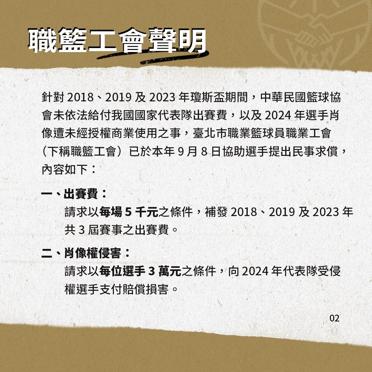 職籃工會球員集體正式提告籃協!瓊斯盃未付中華隊出場費、球員肖像權遭侵害!