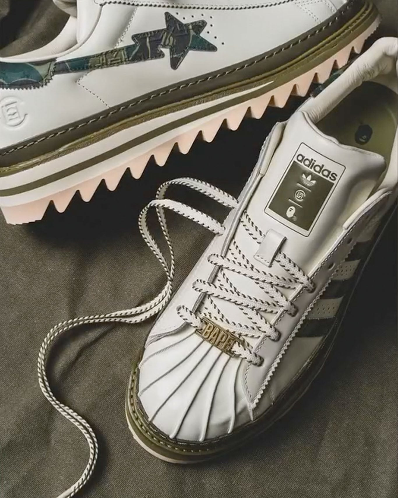 BAPE x CLOT x adidas Superstar 夢幻聯名全新配色曝光！綠色迷彩＋正裝外型絕對必搶！