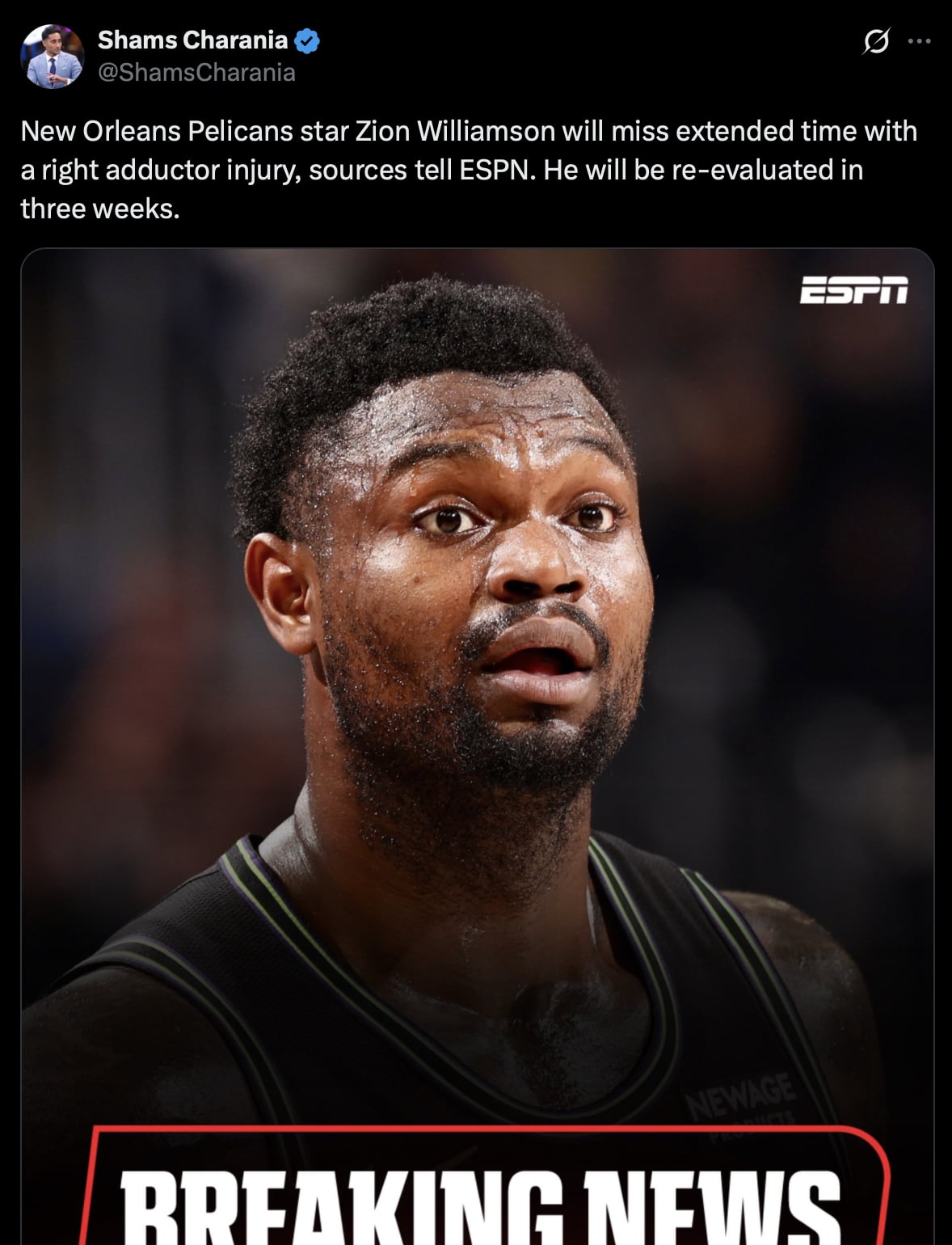NBA／Zion Williamson 傳大腿拉傷再掛免戰牌！ 出賽率僅 45% 再創 NBA 紀錄！