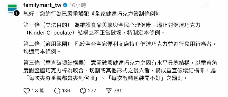 Threads 網友橫著吃健達!全家發警告聲明:「你已違反巧克力管理條例」全網笑翻!